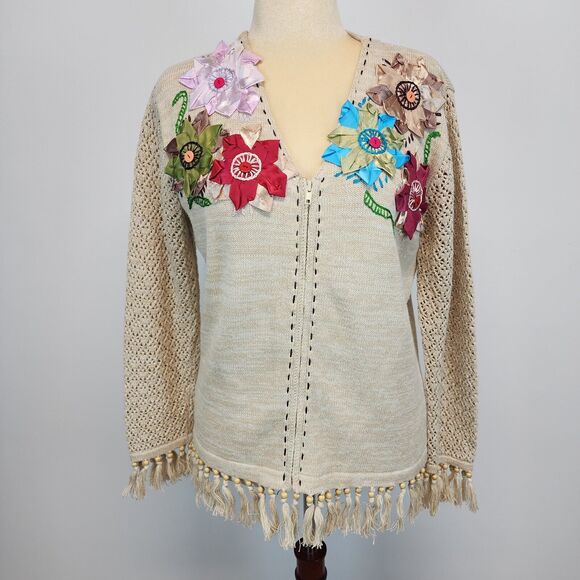 Storybook Knits Cardigan Sweater Size M Beige Crochet Fringe Granny Vintage - Picture 1 of 15
